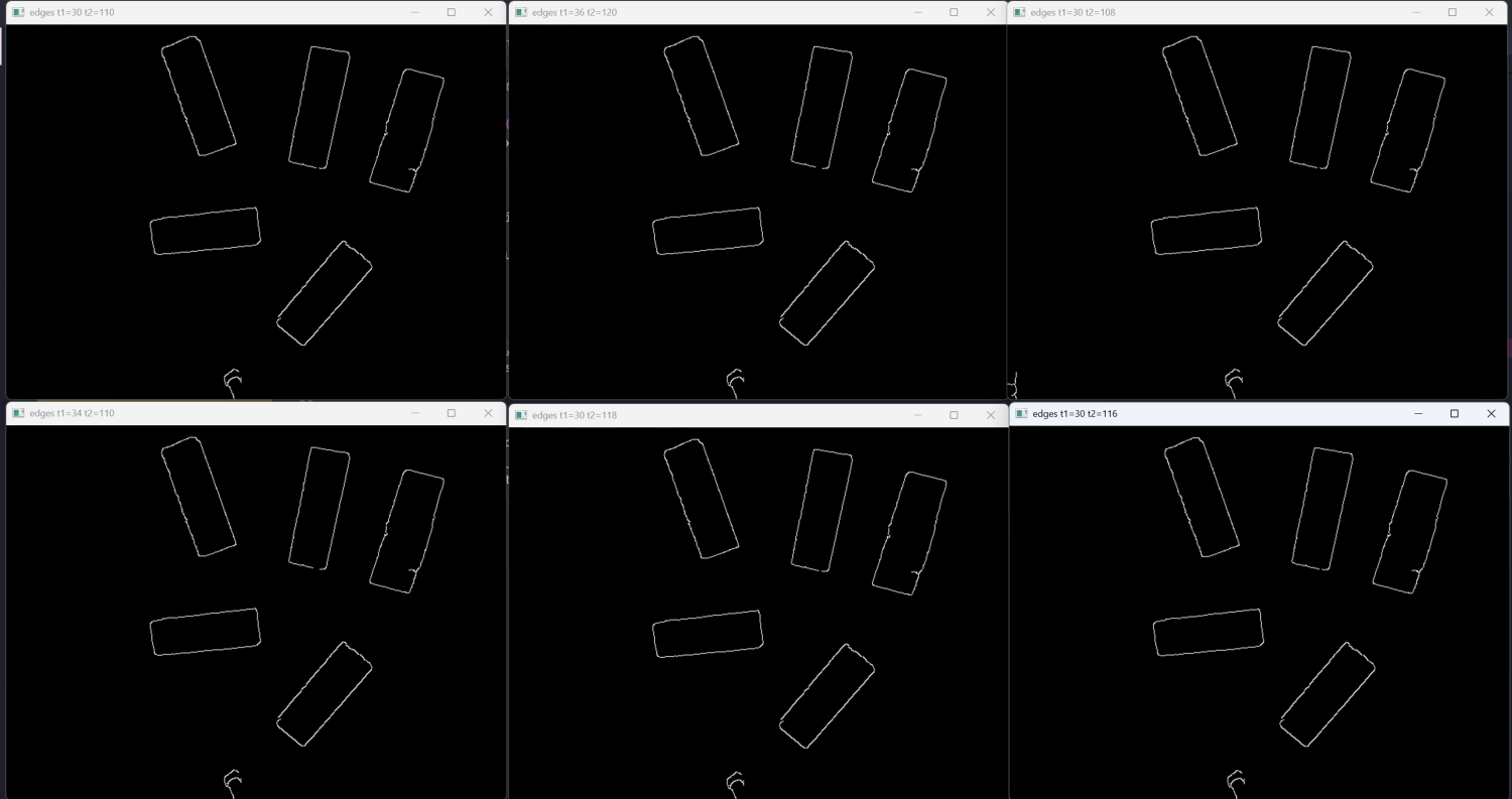 Six-panel grid of Canny edge results at different thresholds