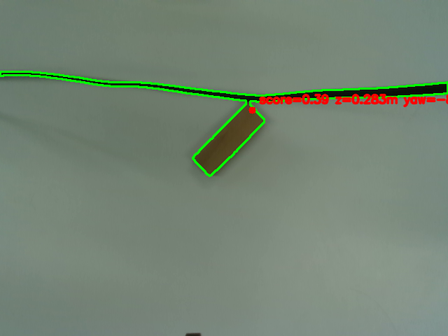 A single detected block labeled with score, depth in meters, and yaw