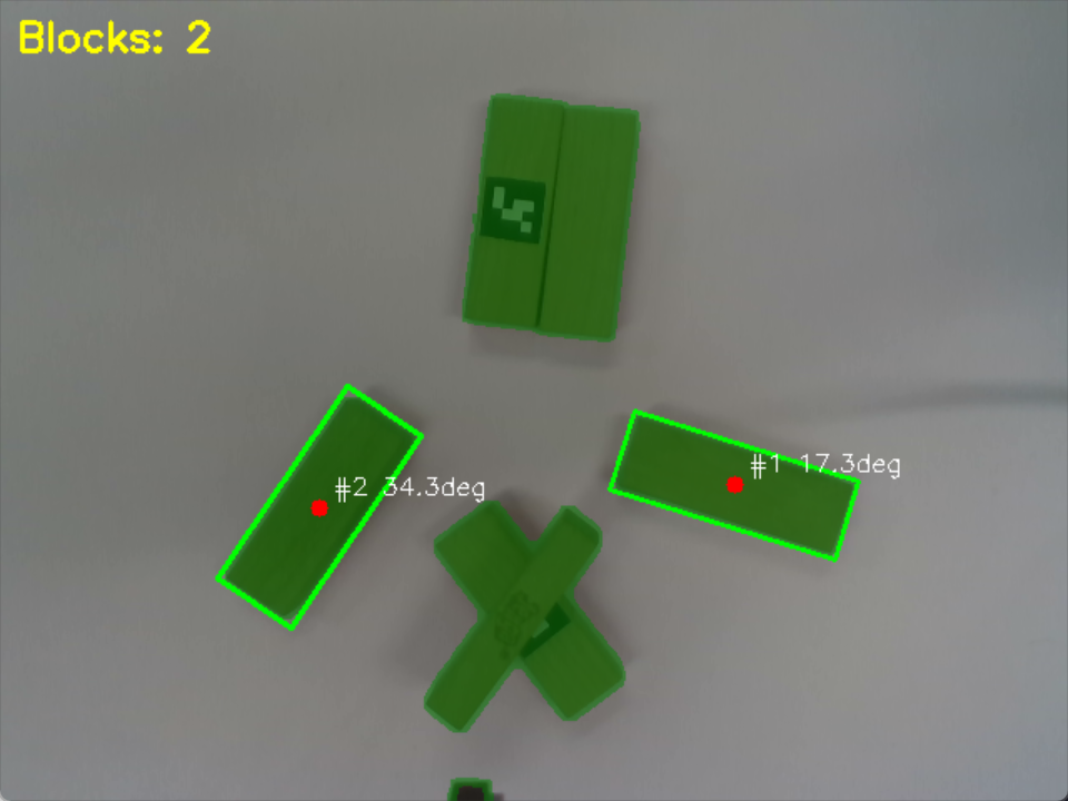 Green mask overlay on real wooden blocks with angle labels