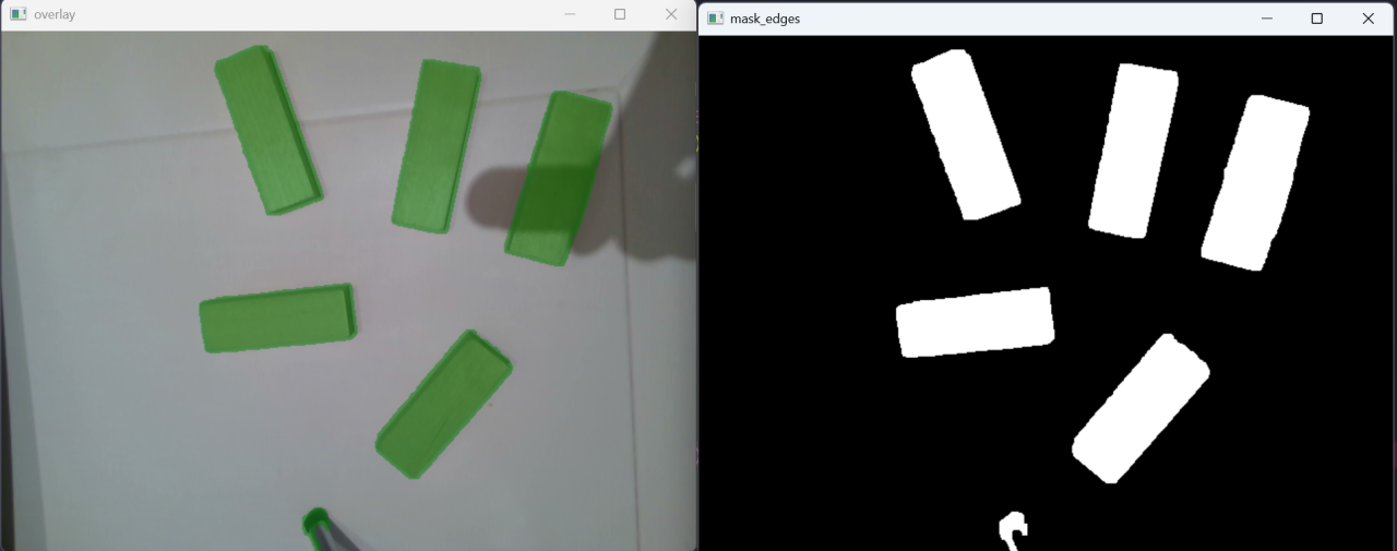 Left: blocks painted green by the mask. Right: the binary mask.