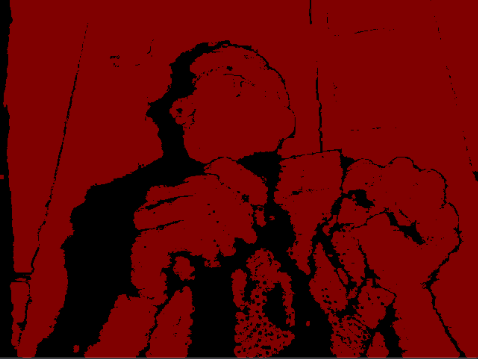 One color channel isolated, blocks faintly visible